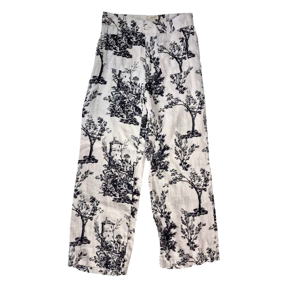 Joie Woman’s Monochrome Linen Toile De Jouy Print Wide Leg High Waisted Pants 10